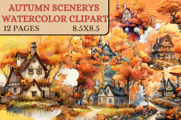Autumn Scenerys Watercolor Clipart Illustrations