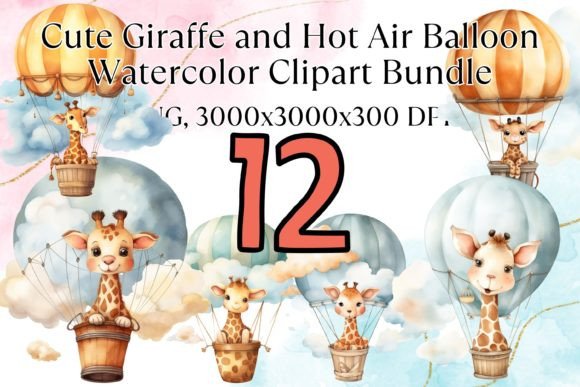 Baby Giraffe Hot Air Balloon Watercolor Illustrations