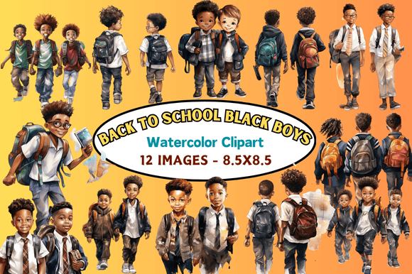 Back to School Black Boys Watercolor Illustrations