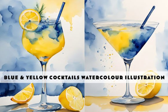 Blue and Yellow Cocktails Illustrations for Editorial Design