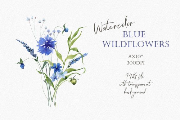 Blue Wildflowers Bouquet Watercolor PNG for Illustrations