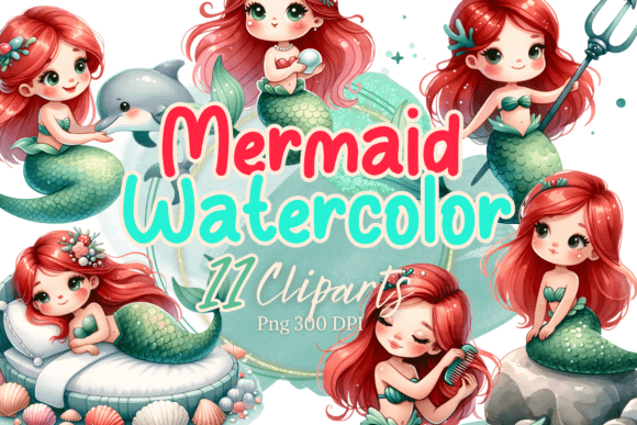 Cute Mermaid Cartoon Watercolor Clipart Illustrations