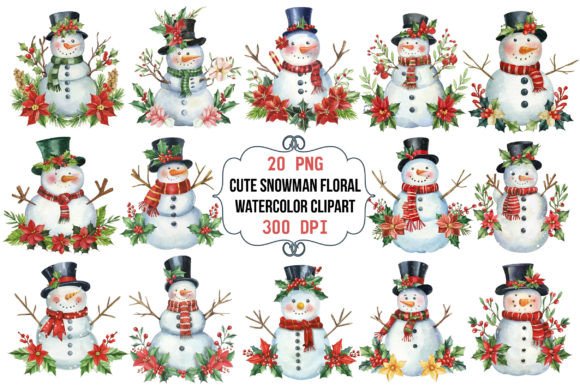 Cute Snowman Floral Watercolor Clipart Illustrations