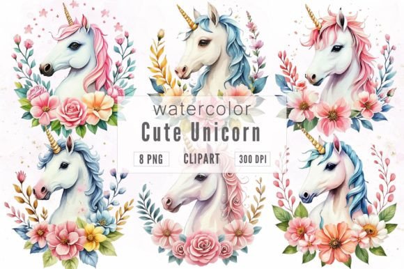 Cute Unicorn Watercolor Clipart for Editorial Illustrations