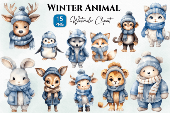 Cute Winter Animal Watercolor Clipart Illustrations