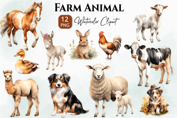 Farm Animal Watercolor Clipart Png Illustrations