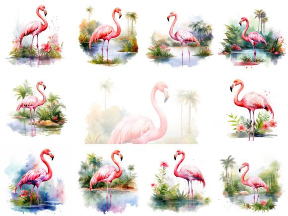 Flamingo Watercolor Clipart Images Set: Illustrations Review