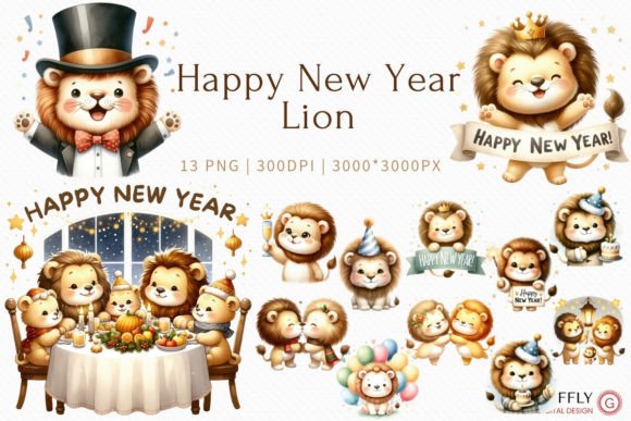 Happy New Year Lion Watercolor Clipart Illustrations