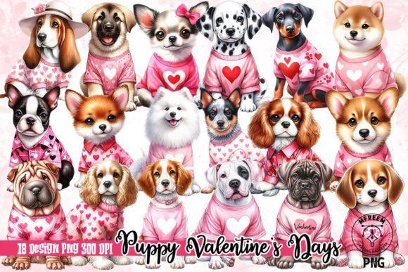 Puppy Valentines Days Watercolor Clipart Illustrations