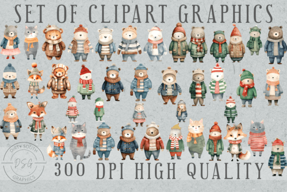 Set of 38 Watercolor Winter Animals Illustrations