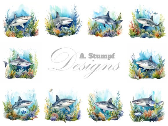 Shark Watercolor Clipart Image Set Illustrations