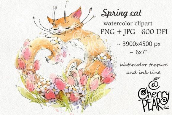 Spring Cat Illustrations: Watercolor Clipart Review
