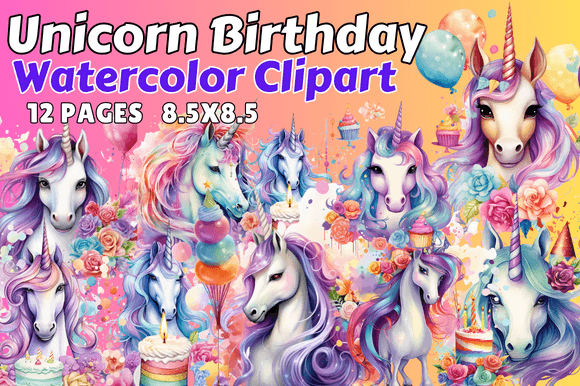 Unicorn Birthday Watercolor Clipart Illustrations
