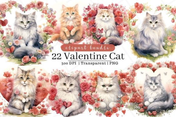 Valentine Cat Watercolor Clipart for Embroidery