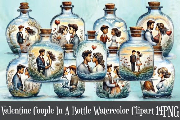 Valentine Couple in a Bottle Watercolor Illustrations