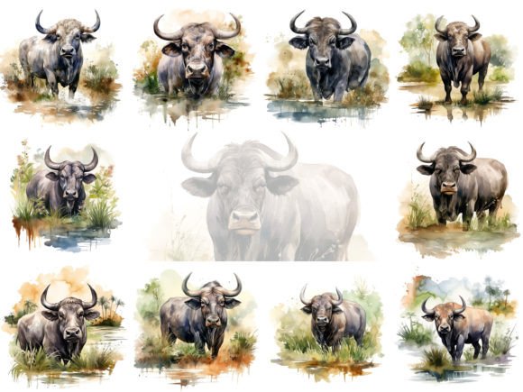 Water Buffalo Watercolor Clipart Set: Editorial Illustrations