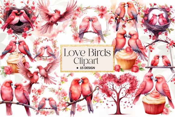 Watercolor Birds in Love Clipart for Editorial Illustrations