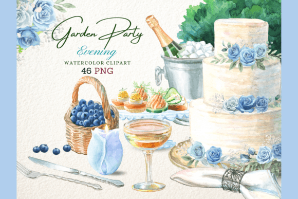 Watercolor Blue Rose Wedding Party Set Illustrations