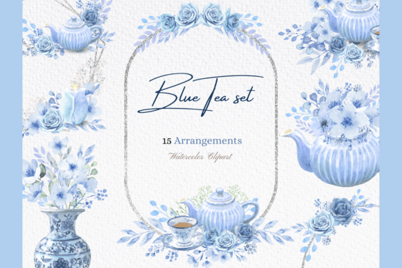 Watercolor Blue Tea Frames Bouquets Illustrations