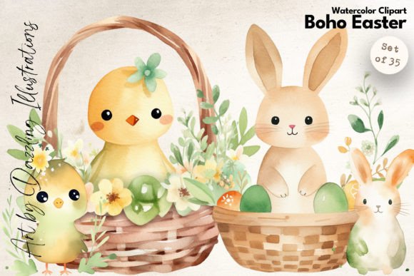 Watercolor Boho Easter Rabbits Chicks Illustrations Review