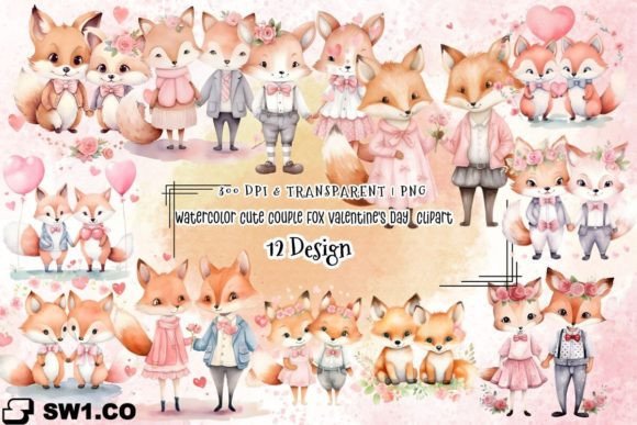 Watercolor Cute Couple Fox Valentines Illustrations