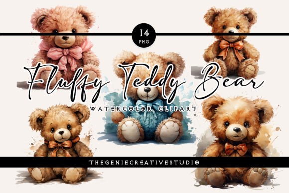 Watercolor Fluffy Teddy Bear PNG Clipart Illustrations