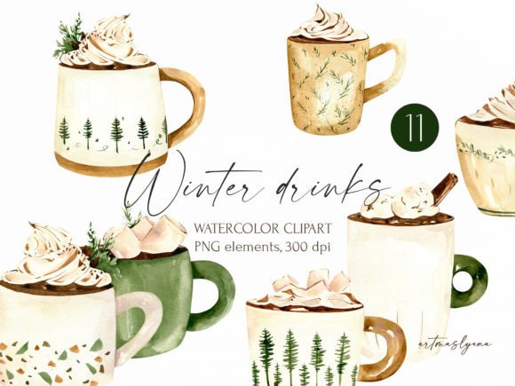 Watercolor Hot Winter Drinks Clipart Illustrations