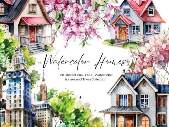 Watercolor House Clipart PNG Bundle: Editorial Illustrations