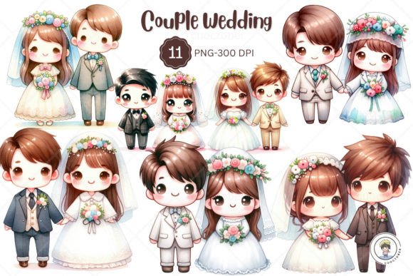 Watercolor Kawaii Couple Wedding Clipart Illustrations