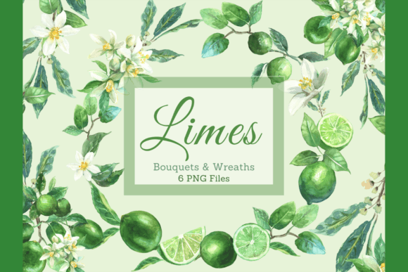 Watercolor Lime Bouquets Wreaths Set Illustrations