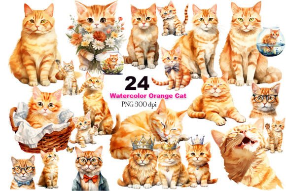 Watercolor Orange Tabby Cats Clipart Illustrations