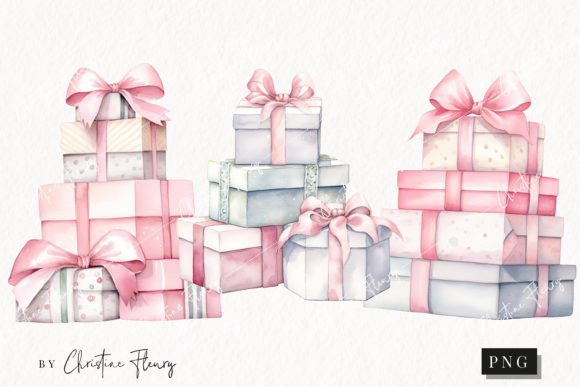 Watercolor Pink Gifts Stacked Clipart Illustrations