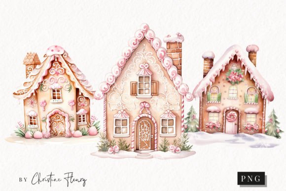 Watercolor Pink Gingerbread Houses PNG Illustrations