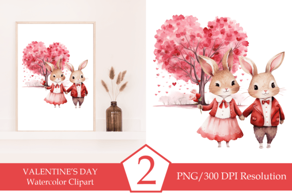 Watercolor Rabbit Couple Illustrations for Valentine's Day
