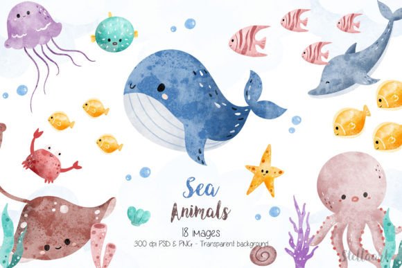 Watercolor Sea Animals Illustrations for Crafting