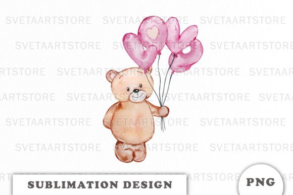 Watercolor Teddy Bear with Balloons PNG Illustrations