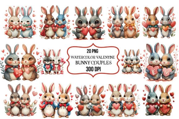Watercolor Valentine Bunny Couples PNG Illustrations Review