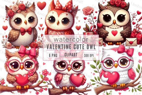 Watercolor Valentine Cute Owl Clipart Illustrations