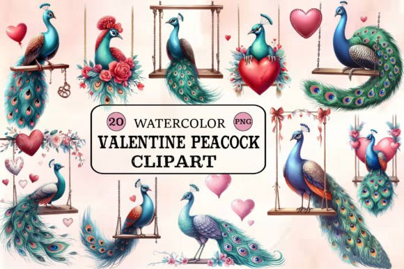 Watercolor Valentine Peacock Clipart Illustrations