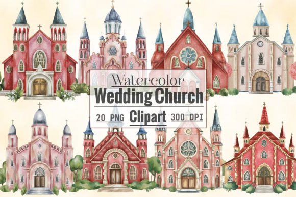 Watercolor Wedding Church Clipart for Editorial Illustrations