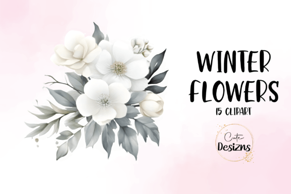 Watercolor Winter Flowers Clipart for Embroidery