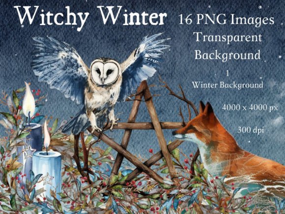Witchy Winter Watercolor Clip Art for Embroidery