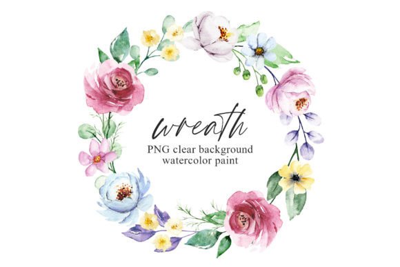 Wreath with Pink, Blue Watercolor Flower Illustrations